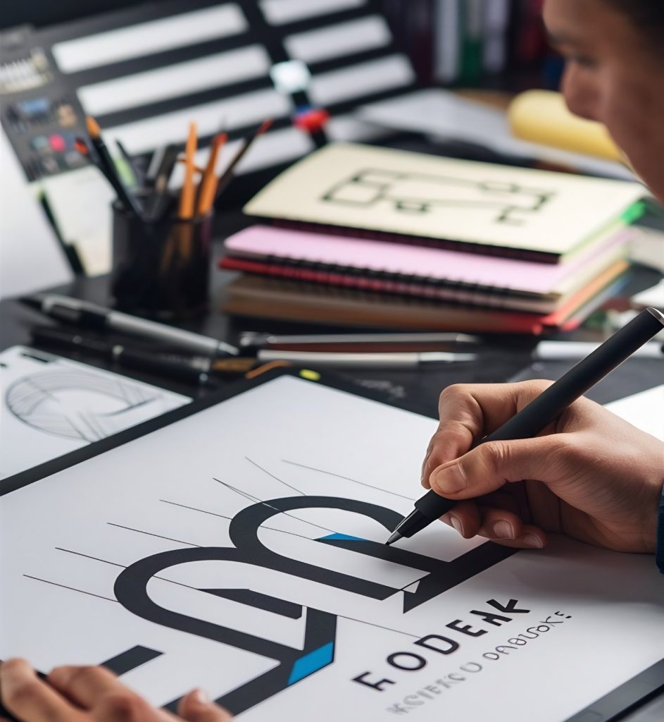 Designers working on logo concepts and developing brand identity for a wellness company.